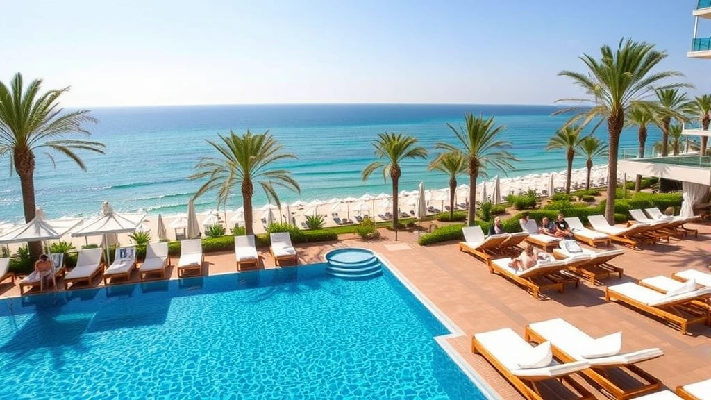Luxurious hotel pool area overlooking the ocean, lounge chairs with white cushions, calm blue water, beach umbrellas, palm trees, guests relaxing, bright daylight, coastal landscape