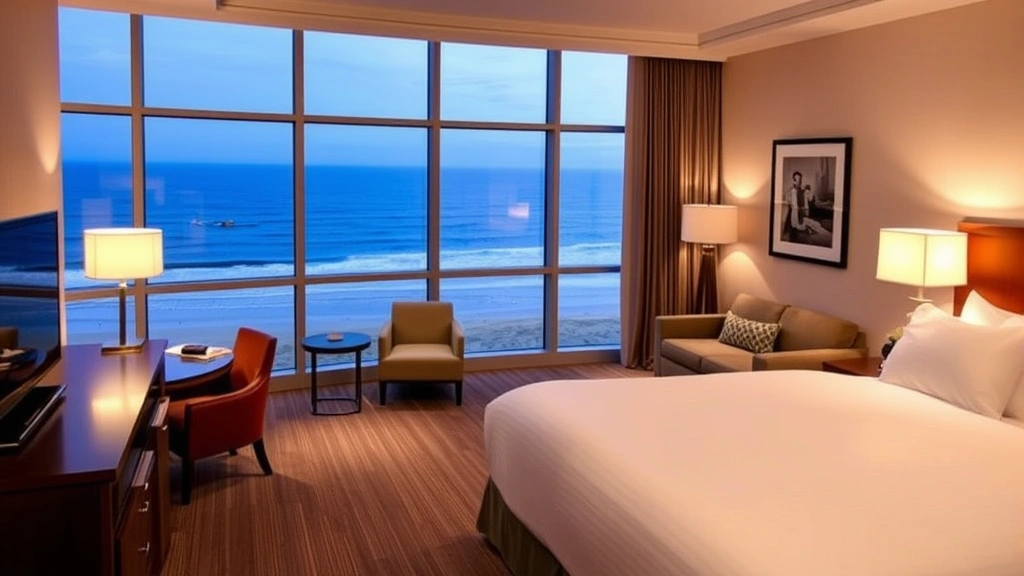 Comfortable hotel room interior with oceanview through large windows, modern furnishings, king bed with quality linens, sitting area with chairs, soft lighting, contemporary decor, beachfront scenery visible