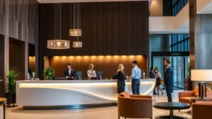 Modern hotel lobby with diverse staff members at front desk assisting guests, professional attire, welcoming atmosphere with contemporary furnishings and warm lighting
