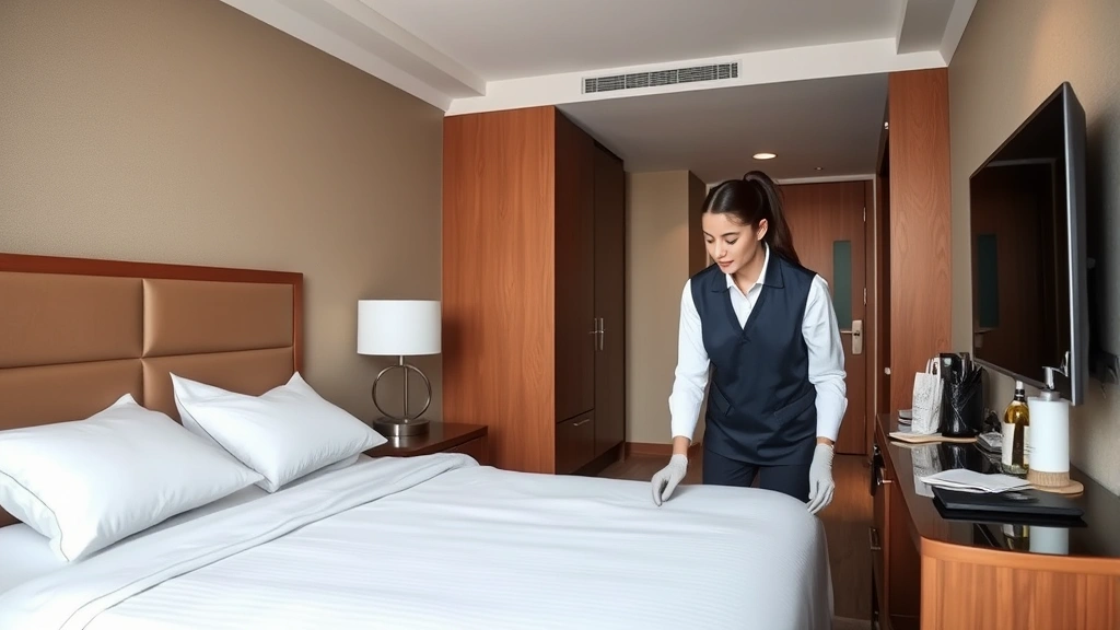 Hotel housekeeping team member inspecting freshly cleaned guest room with attention to detail, making bed, organizing amenities on desk, professional uniform