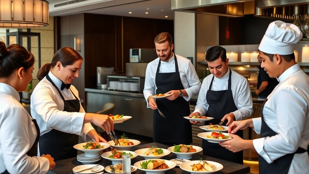 Hotel restaurant or dining area with servers and culinary staff collaborating during service, plating food, professional kitchen environment, diverse team members working together