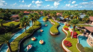 Aerial view of a tropical lazy river winding through lush landscaping with palm trees, clear turquoise water, and lounging guests on float tubes, bright Florida sunshine