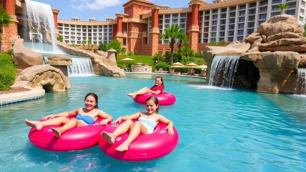 Family floating together on tubes in a resort lazy river with waterfall features, tropical rock formations, and resort buildings visible in background, daytime