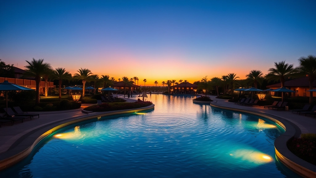 Sunset view of a curved lazy river section with ambient lighting, surrounding gardens, lounge chairs with umbrellas, and peaceful water reflections at dusk