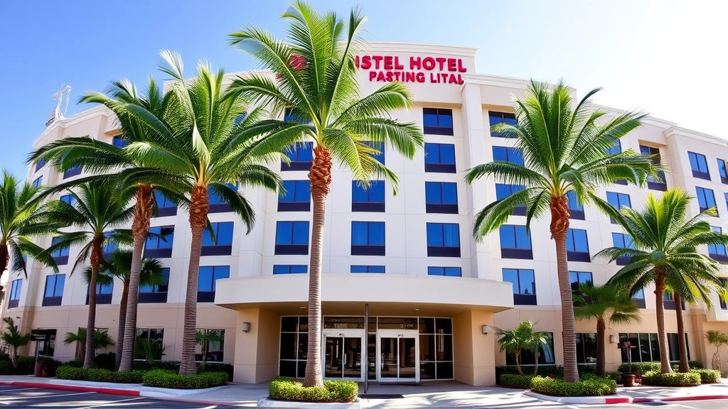 Modern hotel exterior with palm trees and contemporary architecture, bright Florida sunlight, clean landscaping, welcoming entrance with automatic doors, tropical environment