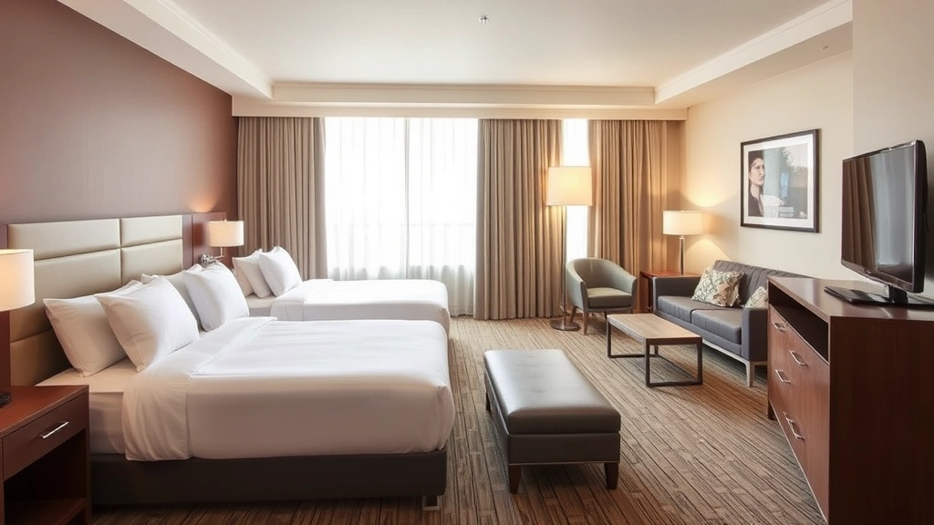Spacious family hotel room with two queen beds, modern furnishings, flat-screen TV, comfortable seating area, bright natural lighting, contemporary décor, welcoming ambiance