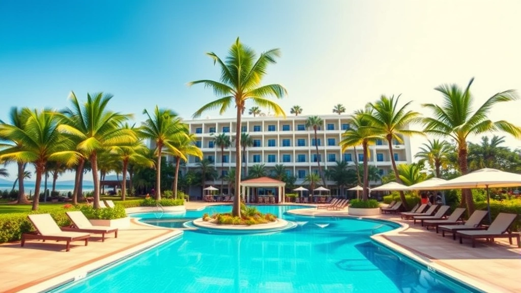 Resort-style outdoor pool area with lounge chairs, palm trees, clear blue water, bright sky, hotel building in background, tropical landscaping, peaceful vacation setting