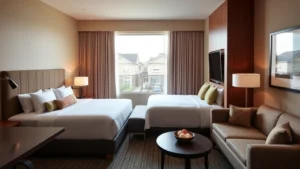 Modern hotel guest room with queen bed, comfortable seating area, and contemporary furnishings in warm neutral tones, natural daylight from window showing residential neighborhood view