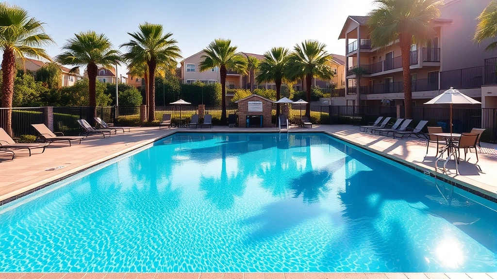 Inviting hotel swimming pool surrounded by lounge chairs and palm trees, clear water with pool deck in morning sunlight, residential area visible in background