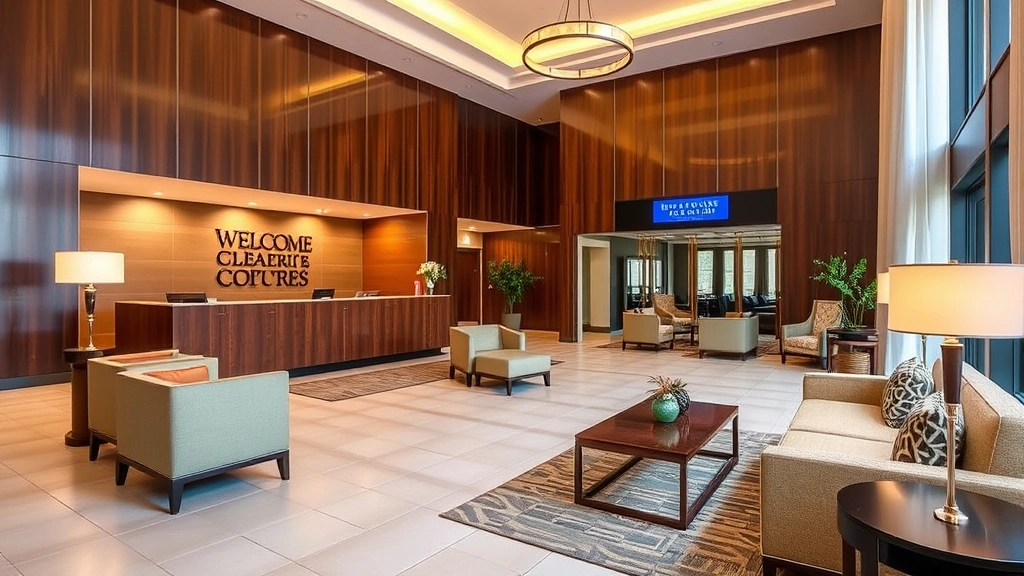 Spacious hotel lobby with welcoming front desk, comfortable seating arrangements, and bright interior design featuring modern décor and warm lighting