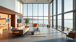 Modern Scandinavian hotel lobby with minimalist design, floor-to-ceiling windows overlooking Oslo fjord, natural light, contemporary furniture, warm wood accents, no text or signage