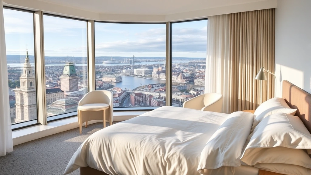Luxury hotel bedroom with Nordic interior design, white bedding, soft lighting, panoramic city views of Oslo skyline and surrounding landscape, clean minimalist aesthetic