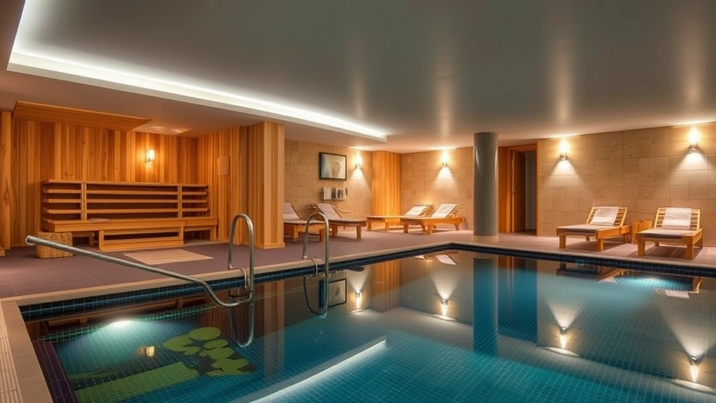 Hotel spa and wellness center with sauna, heated indoor pool area, wellness facilities, modern architecture, peaceful relaxation environment, no signage or text visible