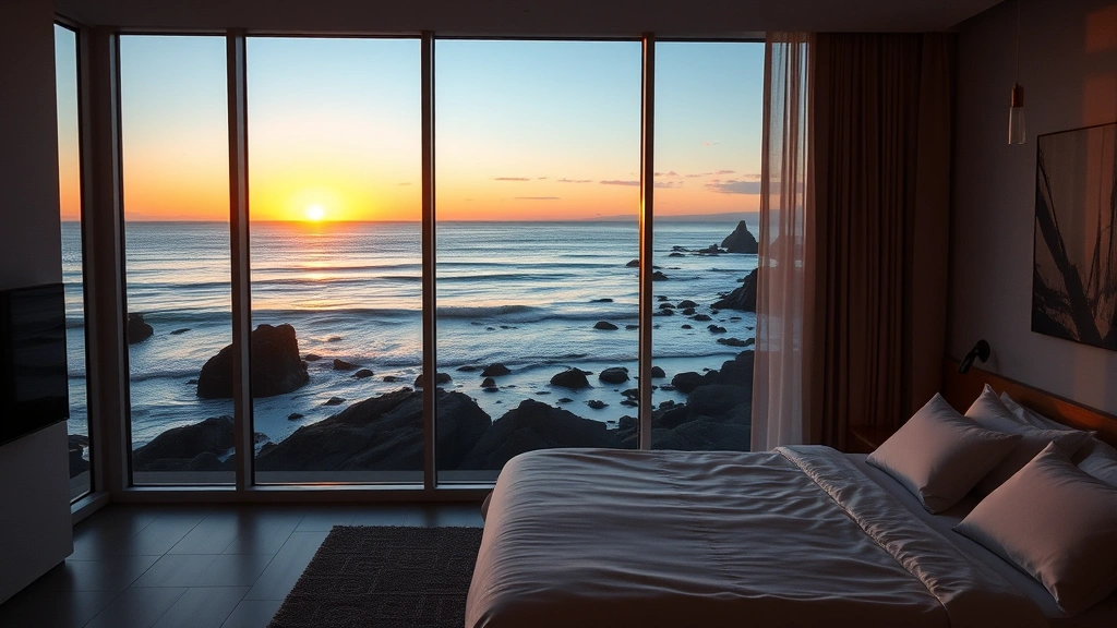 Serene oceanfront hotel room with floor-to-ceiling windows overlooking rocky Pacific coastline at sunset, modern minimalist interior design, empty room ready for guests
