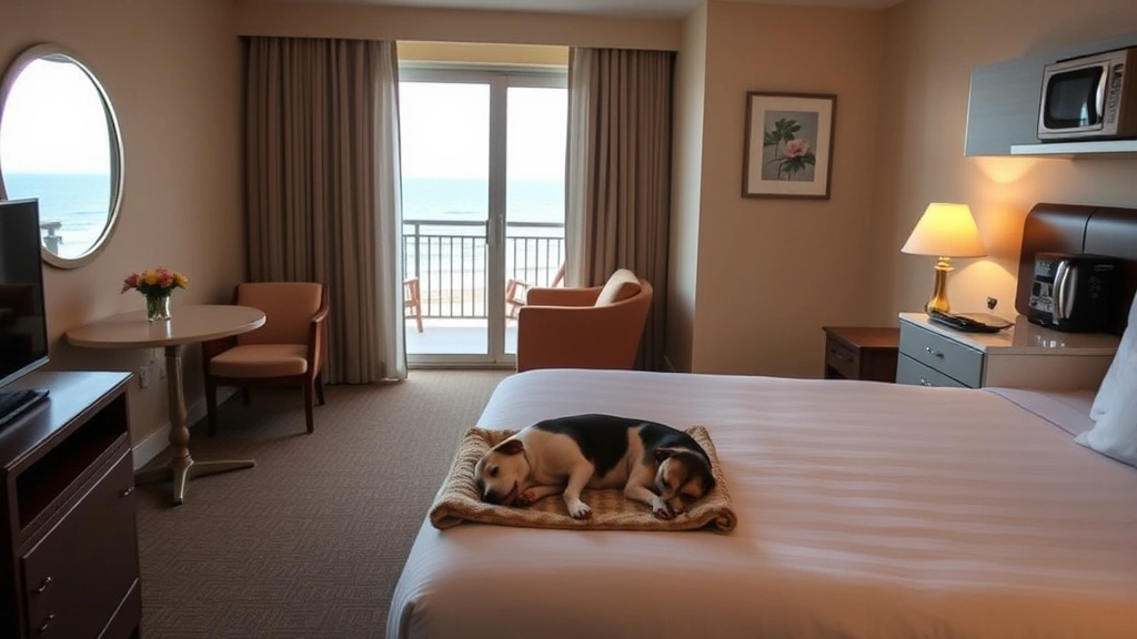 Cozy pet-friendly hotel room with dog sleeping on provided pet bed, kitchenette visible, warm lighting, ocean view balcony with empty chairs