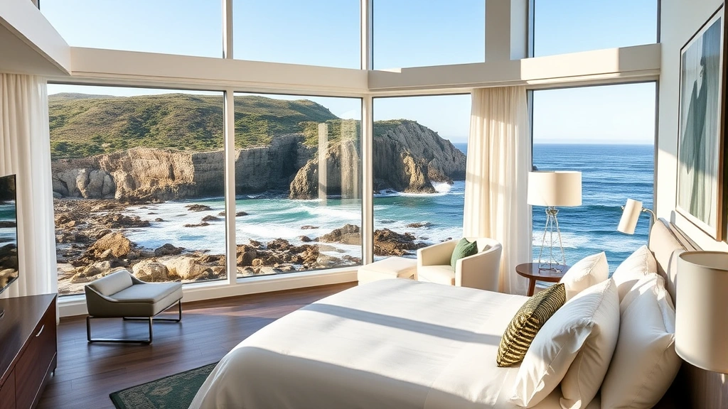 Luxury oceanfront hotel room with floor-to-ceiling windows overlooking rocky Pacific coastline, modern furnishings, and natural daylight illuminating white bedding with ocean waves visible in background