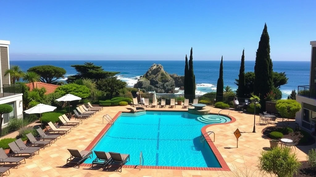 Scenic coastal hotel pool area surrounded by native California landscaping, lounge chairs with ocean views, natural rock formations, and cypress trees framing the Monterey Peninsula shoreline