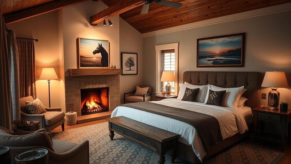 Cozy boutique hotel bedroom featuring local artwork, fireplace, comfortable seating, coastal-themed décor, natural wood elements, and warm ambient lighting creating intimate welcoming atmosphere