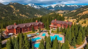 Aerial view of mountain resort nestled in Colorado San Juan Mountains with multiple outdoor pools surrounded by pine trees and snow-capped peaks in background, natural lighting, daytime