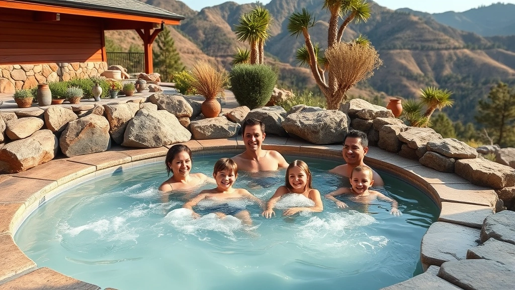 Family enjoying warm mineral water in outdoor hot springs pool surrounded by natural stone landscaping with mountain views, multiple guests relaxing peacefully, natural daylight