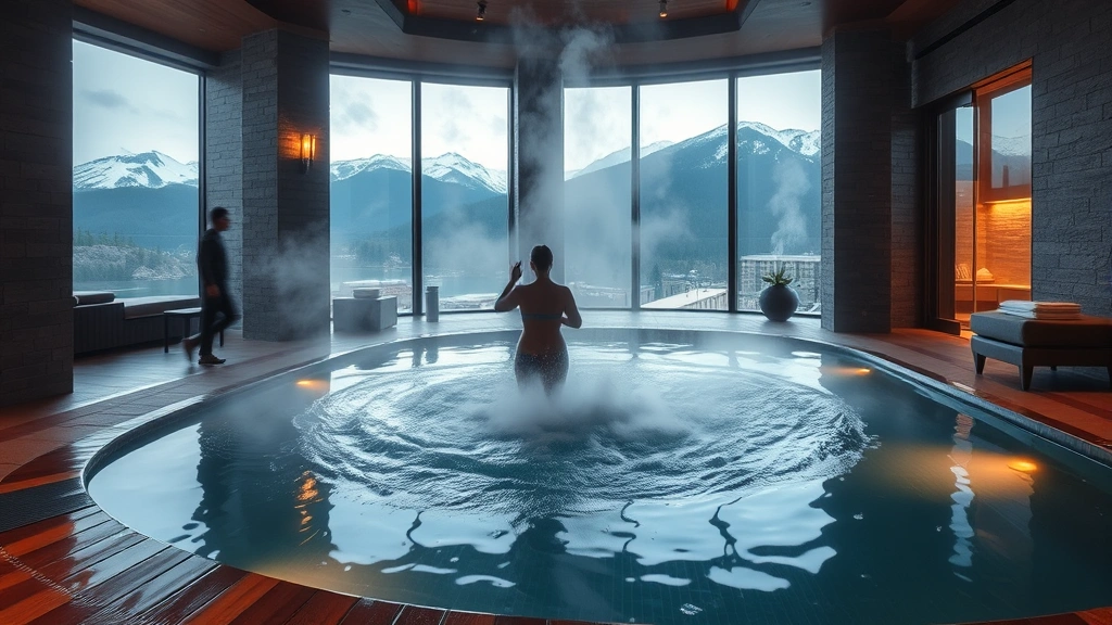 Luxury hotel spa area with indoor heated pool, slate stone architecture, steam rising from water, mountain view windows, modern spa facilities visible, warm lighting ambiance