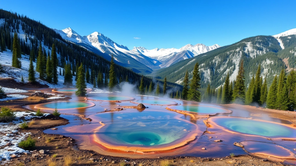 Scenic mountain landscape with natural hot spring pools surrounded by snow-capped peaks and evergreen trees, steam rising from warm mineral water pools, Colorado wilderness backdrop