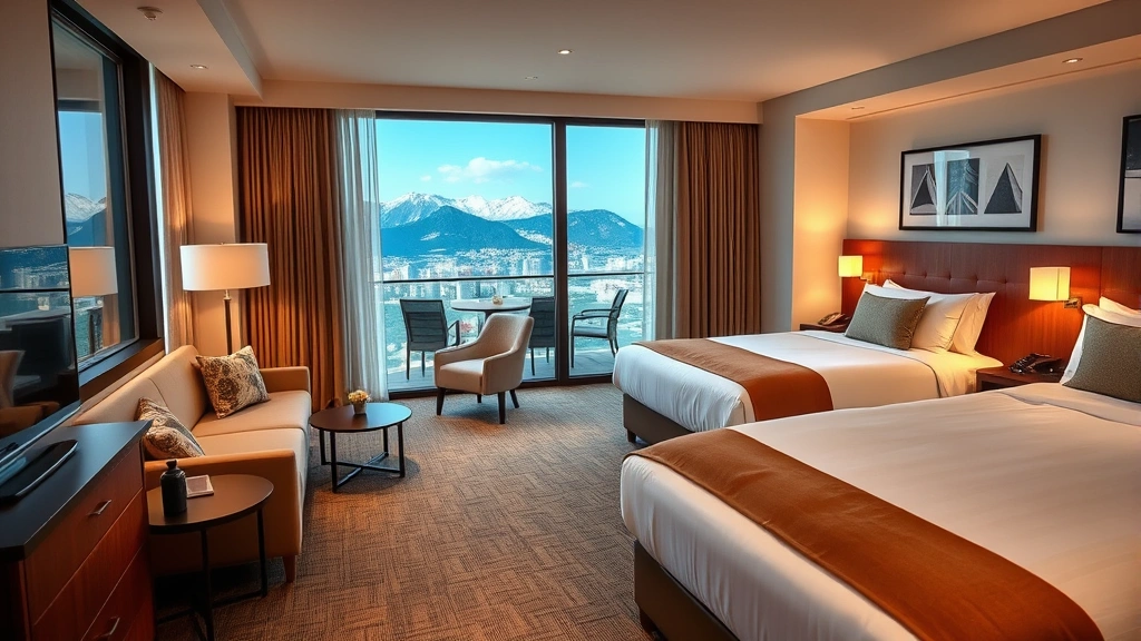 Modern hotel interior with contemporary furnishings, comfortable seating area with mountain view windows, clean spacious bedroom with quality bedding and warm lighting, welcoming hospitality atmosphere