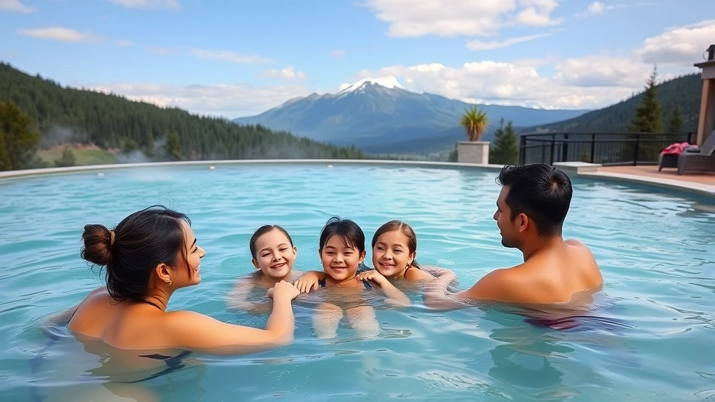 Family enjoying outdoor hot springs pool with mountain views, multiple people relaxing in warm mineral water, natural landscape setting with surrounding forest, peaceful spa environment