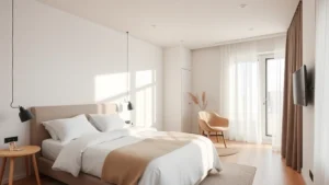 Modern minimalist hotel bedroom with neutral tones, natural light, quality linens, and Scandinavian-inspired furnishings creating a residential apartment feel