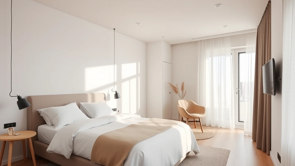 Modern minimalist hotel bedroom with neutral tones, natural light, quality linens, and Scandinavian-inspired furnishings creating a residential apartment feel