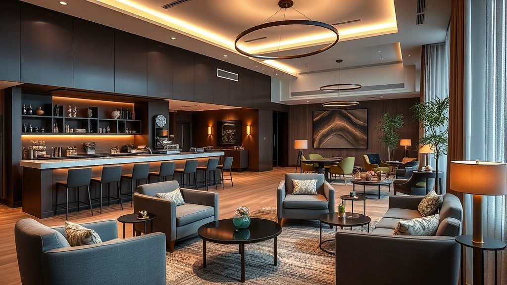 Contemporary hotel lounge area with comfortable seating, café counter, warm lighting, and stylish interior design showcasing boutique accommodation aesthetic