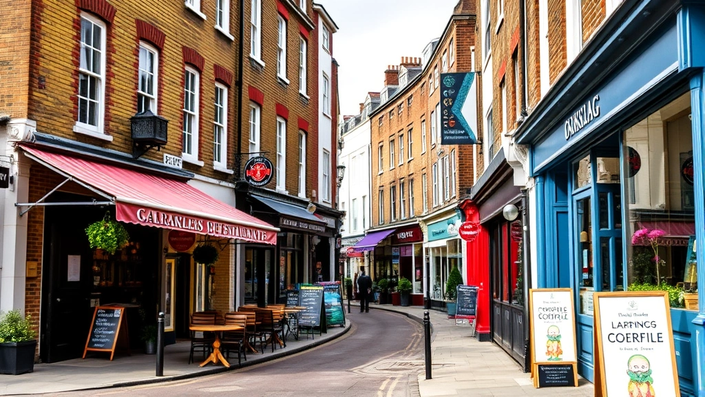 Vibrant North London neighborhood street with independent cafes, shops, and restaurants showing authentic residential community character and local culture