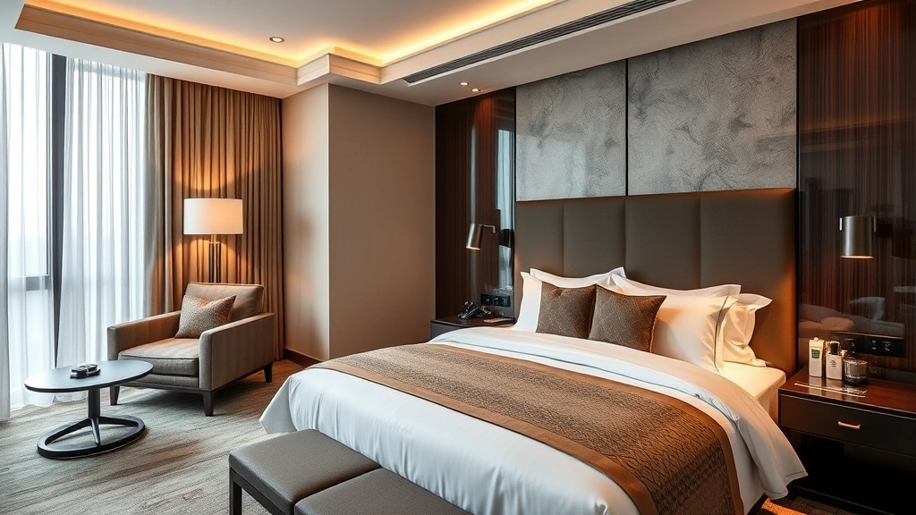 Luxurious modern hotel bedroom with premium bedding, contemporary furnishings, elegant decor, soft warm lighting, and high-end amenities on nightstands