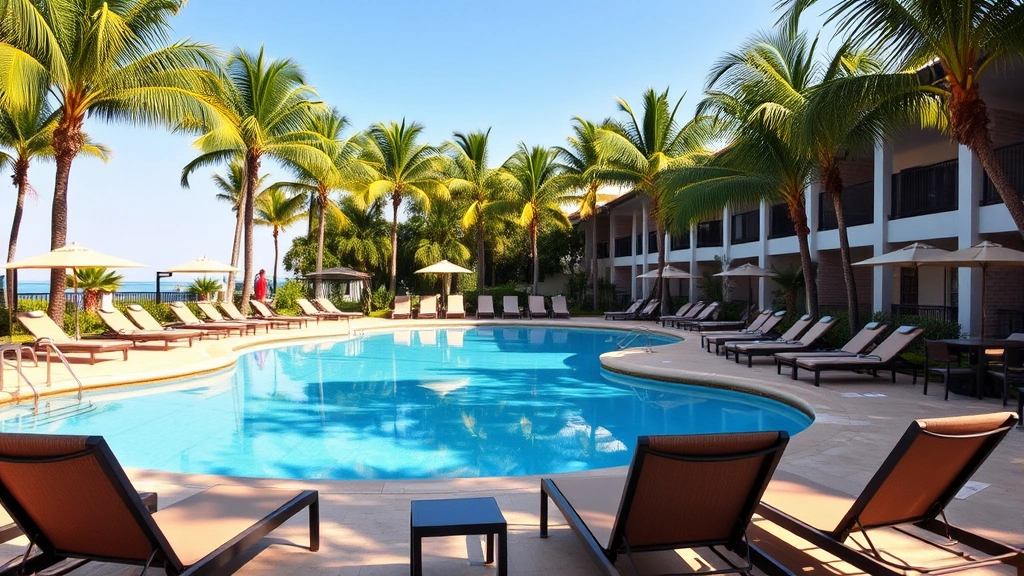 Resort-style swimming pool surrounded by comfortable lounge chairs and tropical palm trees, crystal clear water, sunny day, peaceful atmosphere
