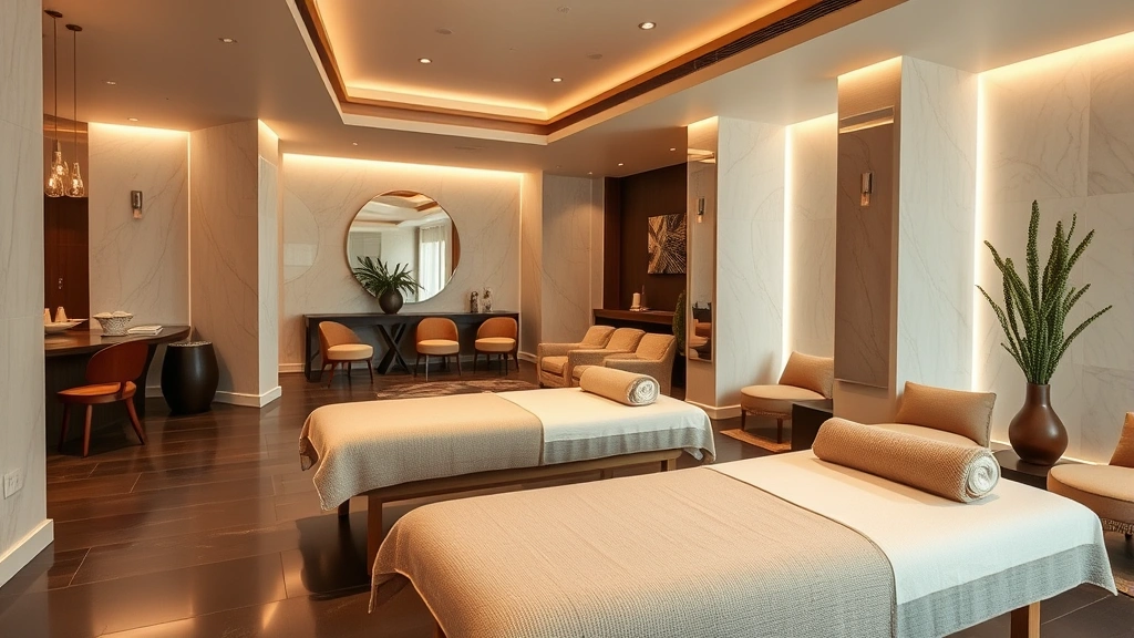 Upscale hotel spa or wellness center interior with massage treatment beds, soft ambient lighting, relaxation area with comfortable seating, natural elements and calming design