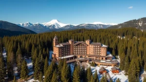 Aerial view of a modern mountain resort hotel nestled in pine forest with snow-covered peaks visible in background, clear daytime lighting showing architectural details and surrounding landscape