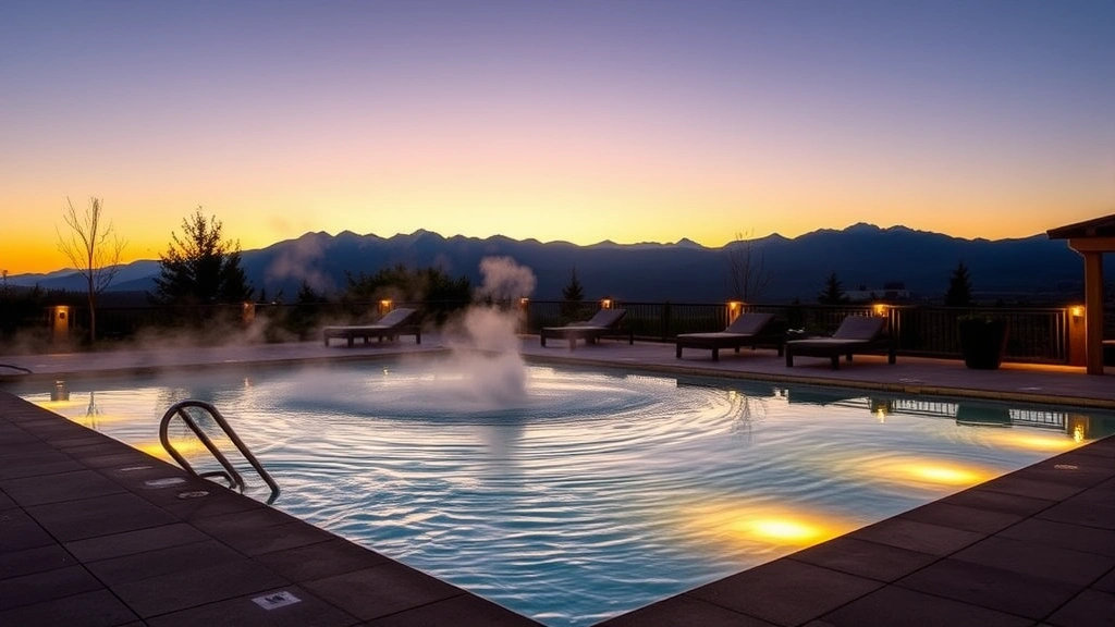 Outdoor heated swimming pool at dusk with mountain silhouettes in background, steam rising from water, lounge chairs nearby, warm ambient lighting creating inviting resort atmosphere