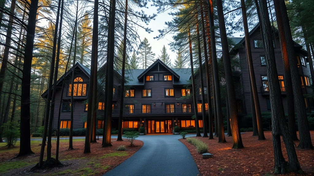 Serene forest hotel exterior with natural woodland surroundings, peaceful entrance pathway lined with trees, soft natural lighting filtering through canopy