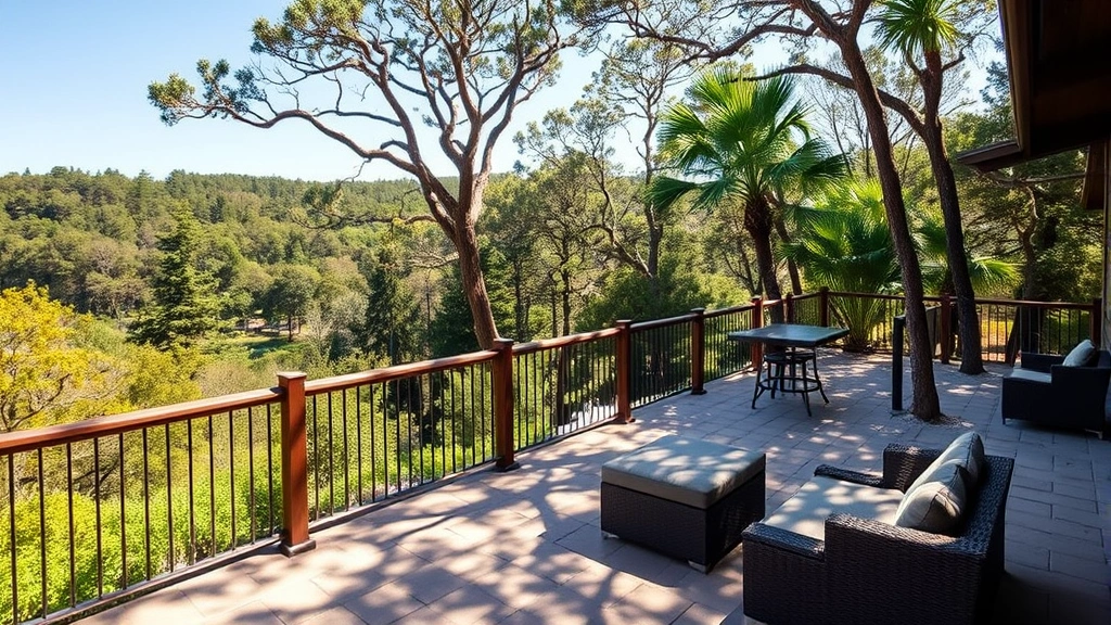 Outdoor guest relaxation area overlooking forest landscape, lounge seating on terrace, forest canopy background, peaceful natural environment, daytime setting