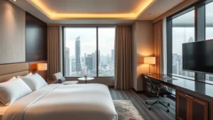 Upscale modern hotel room interior with contemporary furnishings, large windows with Tokyo city skyline views, neutral color palette with wood accents, king bed with premium white bedding, work desk area, sophisticated lighting design, clean contemporary aesthetic