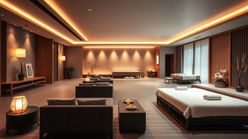 Serene Japanese spa and wellness center with warm ambient lighting, comfortable lounge seating areas, wooden design elements, calming neutral tones, spa treatment area, professional massage facilities, peaceful tranquil environment, luxury relaxation space