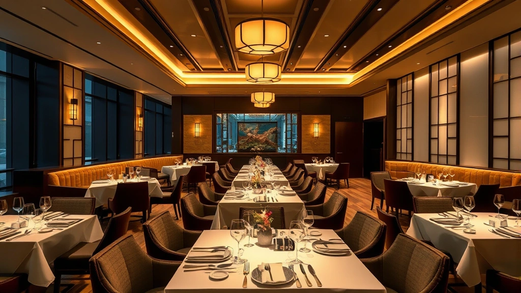 Elegant hotel restaurant dining area with sophisticated table settings, contemporary Japanese interior design, mood lighting, floor-to-ceiling windows, premium furnishings, refined elegant atmosphere, upscale culinary presentation ready for service