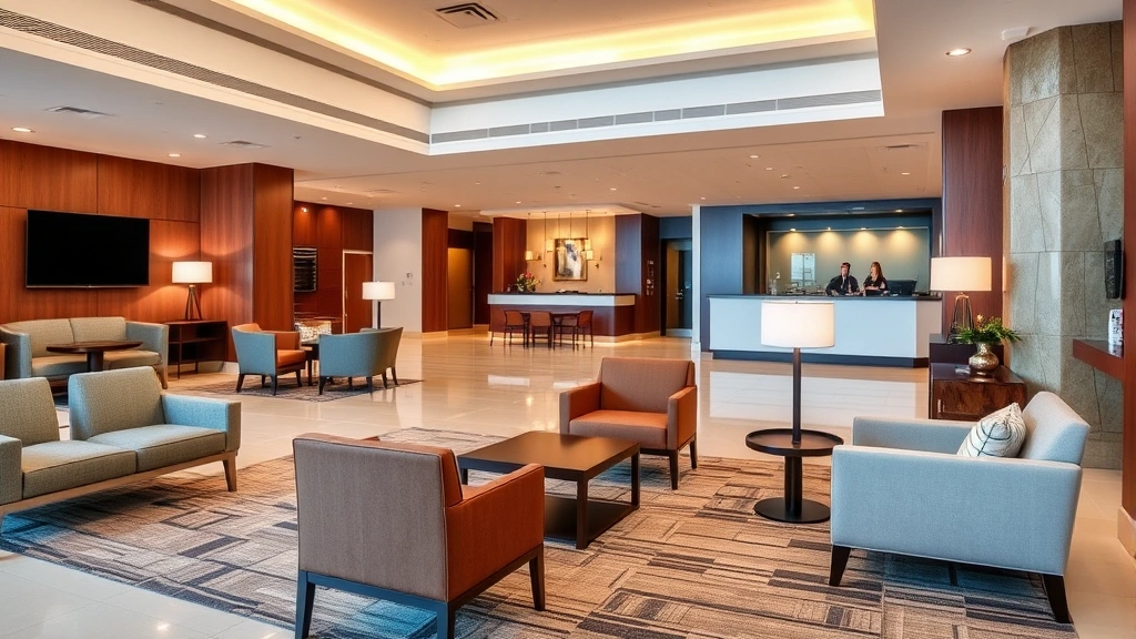 Modern hotel lobby with contemporary seating, warm lighting, and clean aesthetic, featuring comfortable lounge chairs and reception desk area with professional staff visible in background