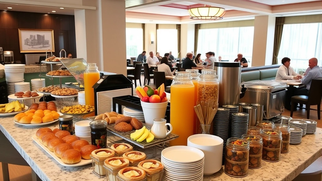 Hotel breakfast buffet spread with fresh pastries, fruits, cereals, beverages, and hot food stations, natural lighting from windows, with guests dining in background