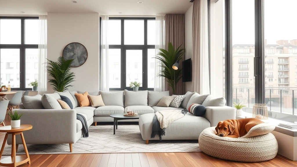 Modern apartment living room with comfortable seating, large windows with natural light, and dog resting on a plush pet bed in corner, warm neutral tones, residential comfort