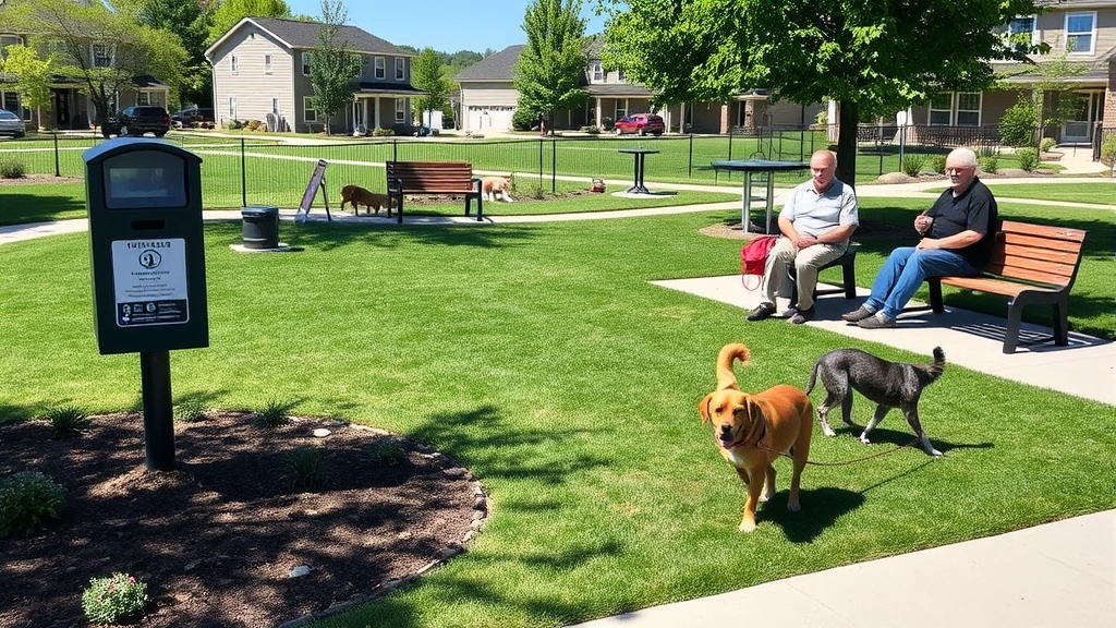 Outdoor pet relief area with landscaped grass, designated waste station, park benches, and happy pets with owners, sunny day, community-focused residential setting