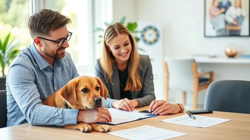 Landlord and tenant reviewing documents at table with service dog nearby, professional but welcoming atmosphere, bright natural lighting, diverse representation