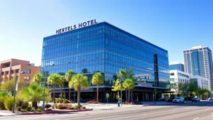 Modern downtown Phoenix hotel exterior with glass facade and Arizona landscaping, daytime street view with clear blue sky, no signage or building numbers visible