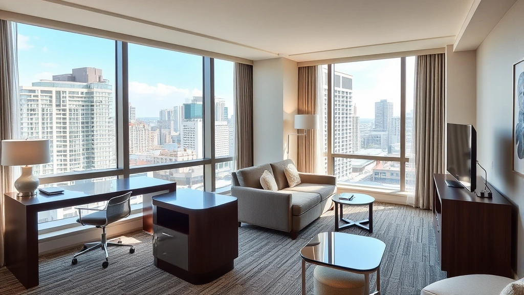 Bright hotel room interior with business desk, comfortable seating area, floor-to-ceiling windows overlooking downtown cityscape, contemporary furnishings and neutral tones