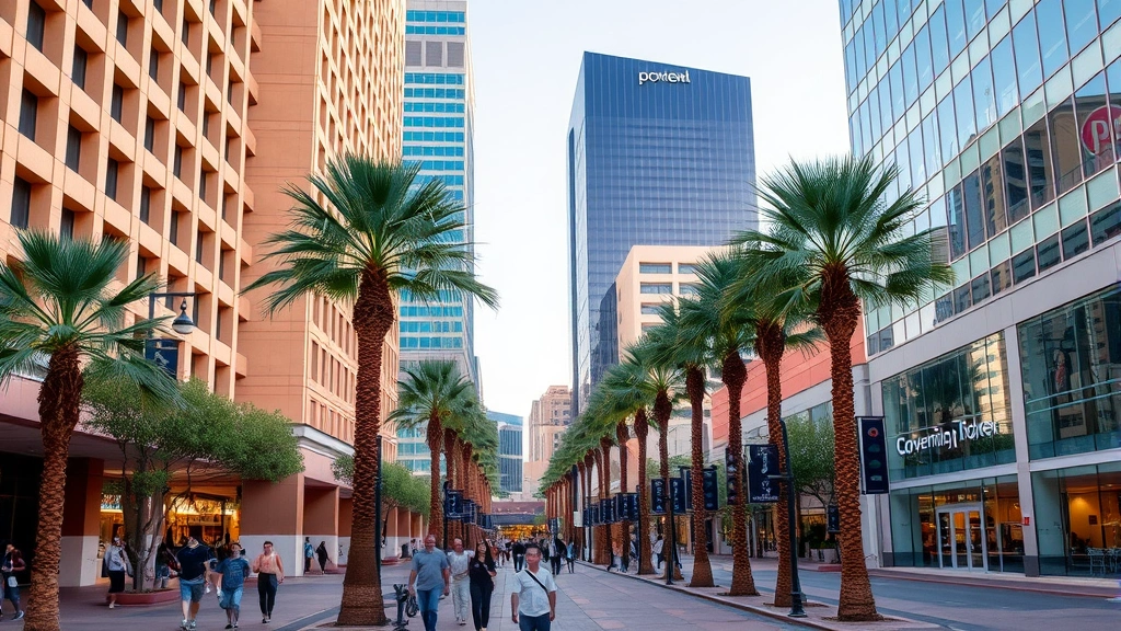 Downtown Phoenix streetscape showing pedestrian walkway between hotels and convention center, palm trees, modern architecture, people walking casually, evening lighting